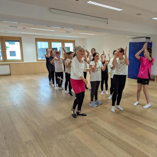 Die Mädchen der ersten Klassen stehen in einer Zweierreihe, um Polonaise zu tanzen.